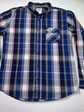 LEVIS Men’s LS Button-Up Shirt, Red/White/Blue Plaid, Size M, Red Tab
